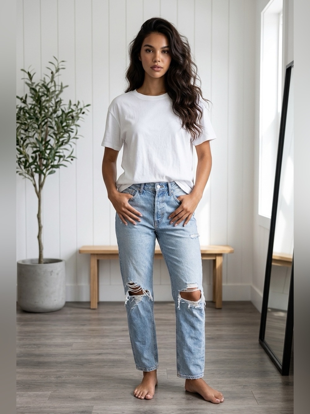 90s Ripped Mid Rise Button Fly Straight Leg Jeans (Threadbare) Size 25